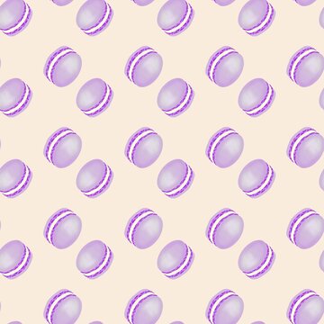 Macaroons seamless violet pink pattern. French sweet macaroons or macarons. Can be used for food industry, for posters, wallpapers, wrapping paper.  flat illustration style minimal print