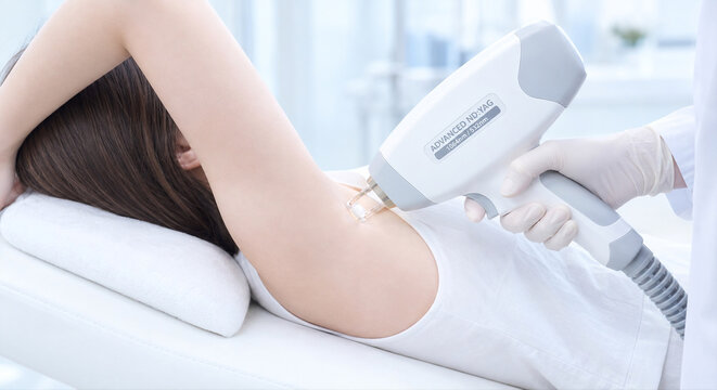 Woman lying on a clinic bed receiving laser treatment on her underarm