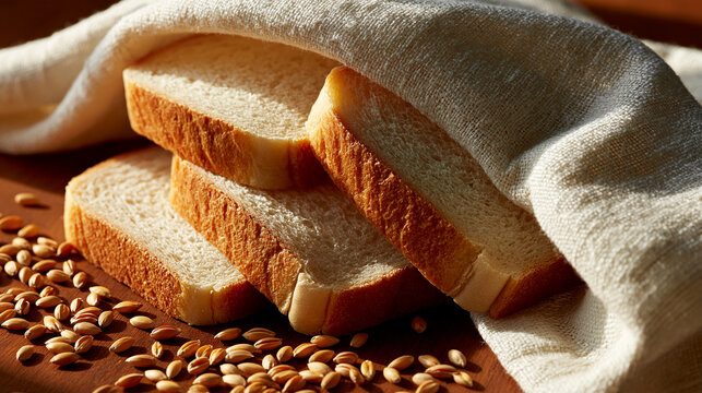 Slices of homemade white bread covered by a cloth with scattered seeds on a wooden board