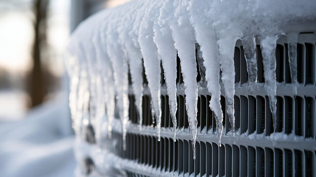 Sharp icicles hang from a frozen air conditioning unit outdoors in winter. This image illustrates energy inefficiency and heating failure during extreme cold weather.