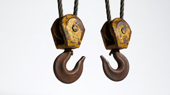 Two weathered industrial crane hooks hanging against a white background. Isolated on white background, these signify heavy lifting and construction safety concepts.