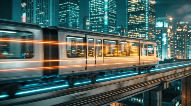 Autonomous commuter train moving fast on elevated tracks with neon light trails in a futuristic city at night, capturing smart city infrastructure for future mobility and urban planning.