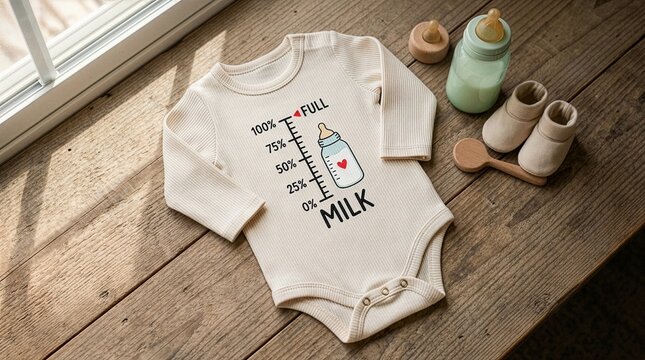 Charming ribbed baby bodysuit with a creative milk level scale print, arranged on a rustic wooden floor next to soft baby booties, a feeding bottle, and a wooden spoon.