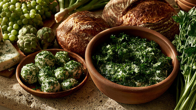 Fresh herbs and artisan bread served with savory cheese balls in wooden bowls