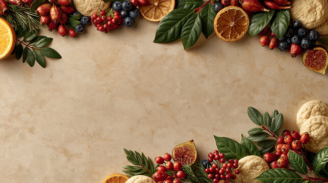 Festive seasonal border made of dried orange slices fresh berries and green foliage