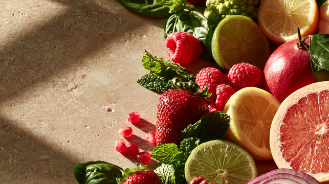 Assorted fresh berries and citrus fruit slices arranged on a textured stone surface