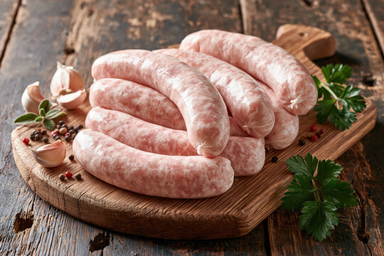 Traditional Polish White Sausage on Wooden Board