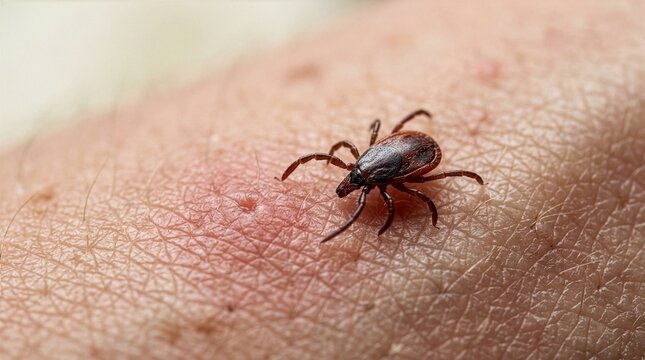 Macro shot of a tick crawling on human skin next to an inflamed, red bite mark, illustrating parasite transmission, lyme disease risks, and health prevention concepts.