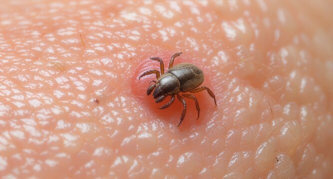 Macro view of a dangerous parasitic tick biting human skin with localized redness and inflammation, depicting health concerns, vector-borne infection, and Lyme disease risk.