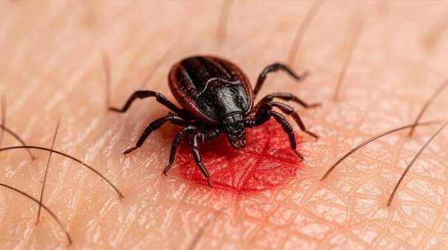 Detailed macro closeup of a parasitic tick on human skin over an inflamed, red bite mark, representing health hazards, lyme disease transmission, and vector-borne infections.