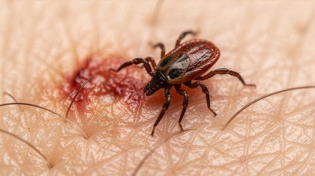 Extreme macro closeup of a parasitic tick on human skin near a red, irritated bite wound, illustrating health risks, Lyme disease transmission, and vector-borne hazards.