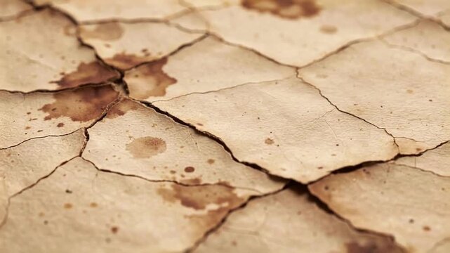 Close-up image of cracked aged paper with brown stains and texture detail
