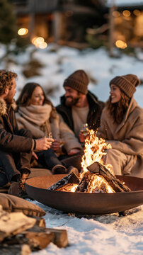 Friends Enjoying a Cozy Winter Campfire