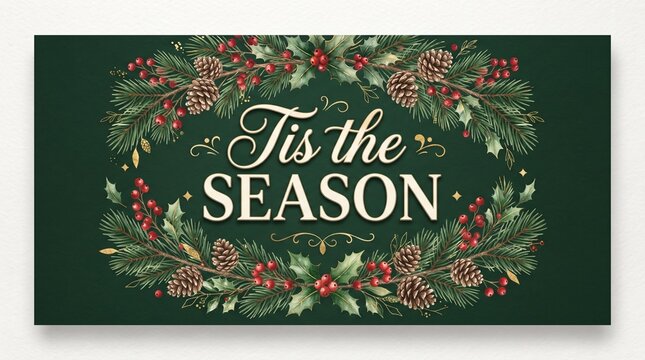 Tis the season text with pine branches pinecones and red berries on green