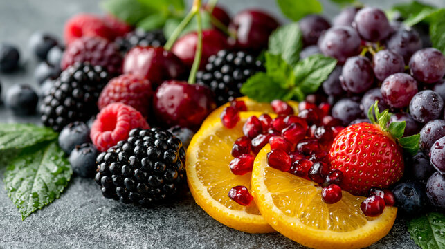 Fresh mixed forest berries and sliced orange on dark textured surface with summer harvest