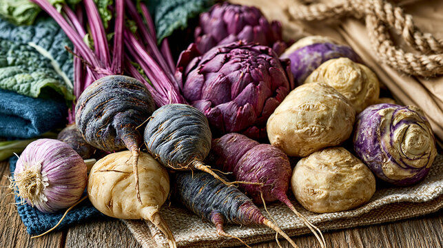 Assorted root vegetables and tubers piled on rustic wooden surface with vegetable