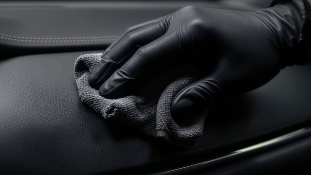 Close-up of a detailer wearing a black nitrile glove while wiping a textured leather car dashboard with a grey microfiber cloth, focusing on vehicle interior maintenance.