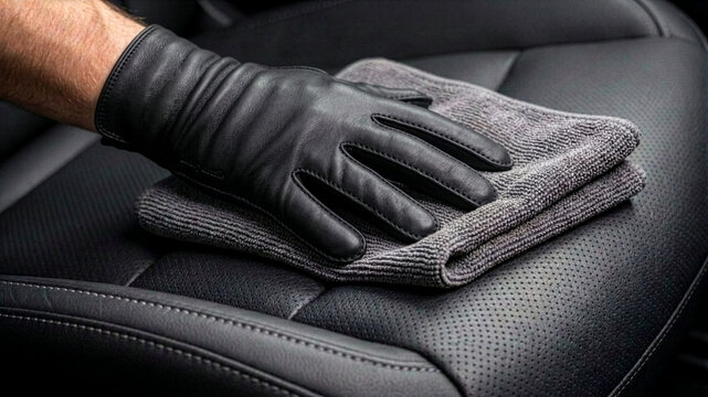 Close-up of a hand in a black glove wiping a perforated leather car seat with a grey microfiber cloth, demonstrating professional automotive interior cleaning and maintenance.