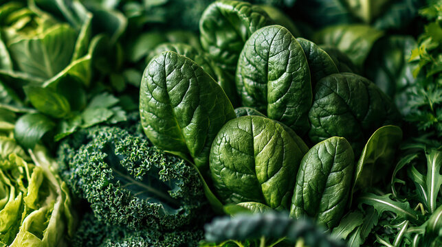 Selection of fresh green vegetables and leafy foliage on display with greens