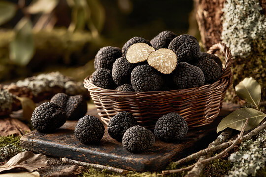 Fresh Black Truffles in Wicker Basket on Forest Floor