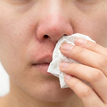 Person holding a tissue to their nose with visible skin dehydration