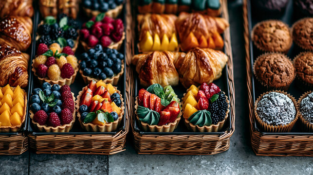 Top view of berry tartlets and assorted baked goods in wicker baskets with fruit pastry