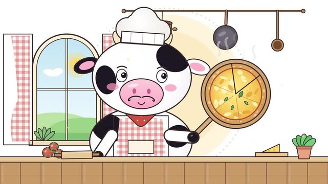 Cute cow chef holding a fresh pizza in a bright cartoon kitchen