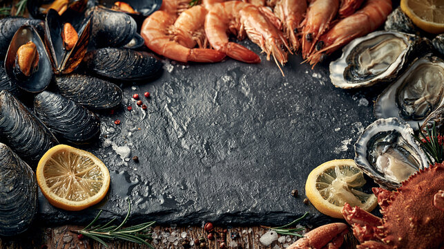 Assorted fresh seafood including shrimp oysters mussels and lemon slices on black stone platter