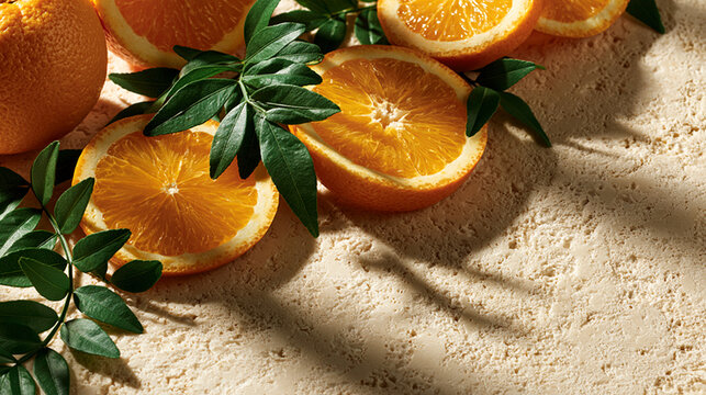 Fresh sliced oranges adorned with green leaves on a textured beige surface