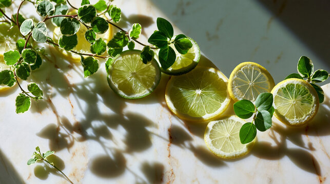 Green lime slices decorated with ivy sprigs on a white marble background still life greenery