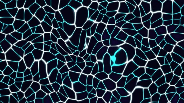 Glowing cyan cellular pattern shifting on a dark background