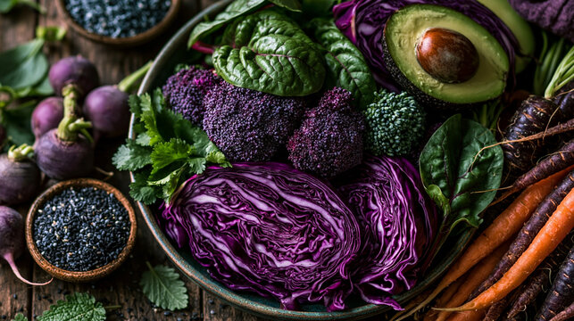 Assortment of fresh purple vegetables and avocado halves arranged on a dark wooden surface