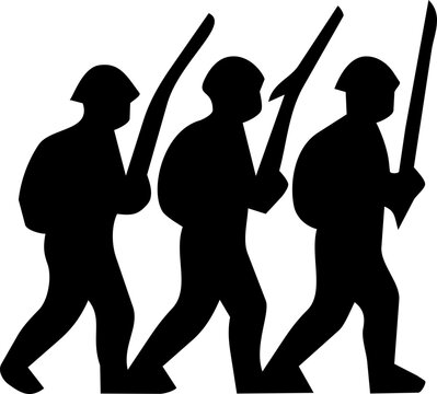 Hari Pahlawan silhouettes of Indonesian soldiers marching with rifles in a minimalist black and white vector design