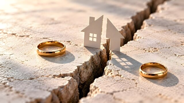 Torn paper house split across deep ground crack between two gold wedding rings symbolizing divorce, marital crisis, and broken family relationship