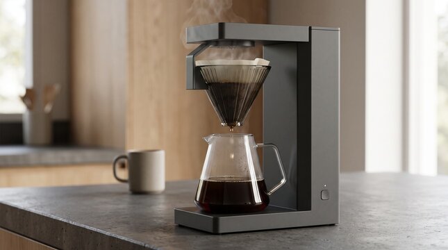 Modern automatic coffee machine brewing hot, fresh coffee on a minimalist kitchen counter, highlighting daily ritual and contemporary design aesthetics in a home setting