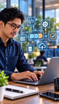 Professional software developer working on digital cloud infrastructure project at modern office desk