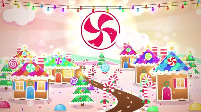 Whimsical Sweet Candy Land Village with Gingerbread Houses and Peppermint Decorations Vector Background Illustration