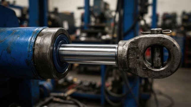 Heavy duty hydraulic cylinder piston rod with polished chrome shaft, wiper seal and steel mounting clevis on construction machinery, concept of industrial equipment maintenance