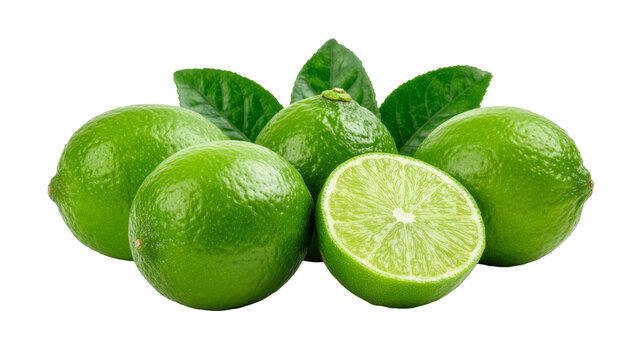 Fresh whole and sliced green limes with leaves