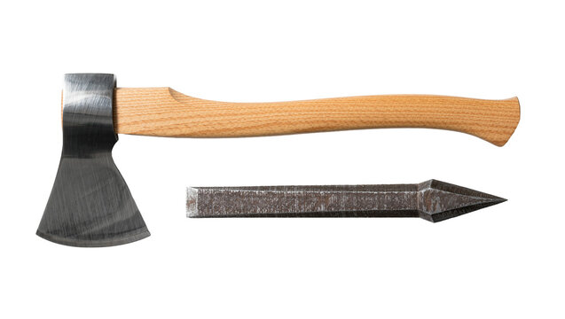 Steel felling axe with wooden handle and pointed metal masonry chisel