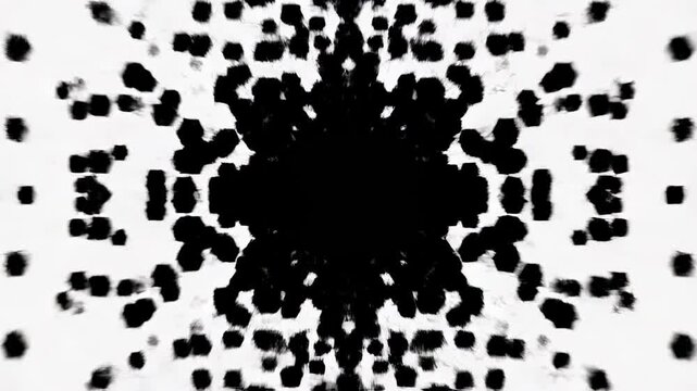 Dynamic Abstract Ink Pattern with black hexagonal spots moving in a circular motion on a white background ideal for artistic transitions and minimalist motion backgrounds.