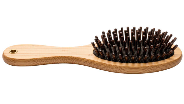 Oval bamboo hair brush with dark brown plastic bristles and wooden handle