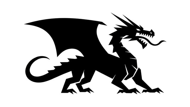 Black silhouette of a mythical dragon with wings and sharp teeth