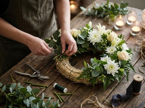 funeral flower wreath preparation Person making a floral wreath with white flowers and greenery on a wooden table