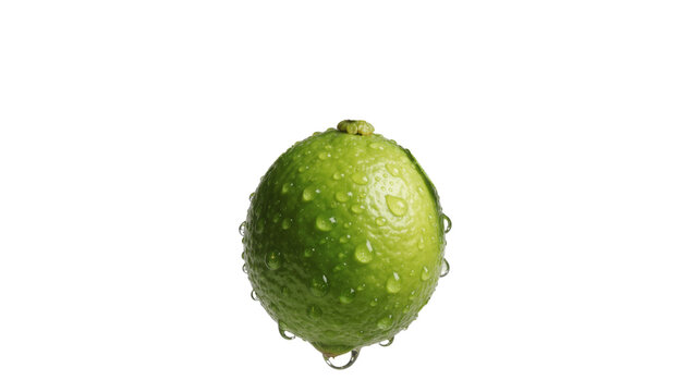 Fresh whole green lime fruit with water droplets on textured peel