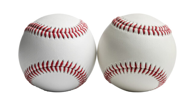Two white leather baseballs with red stitching seams