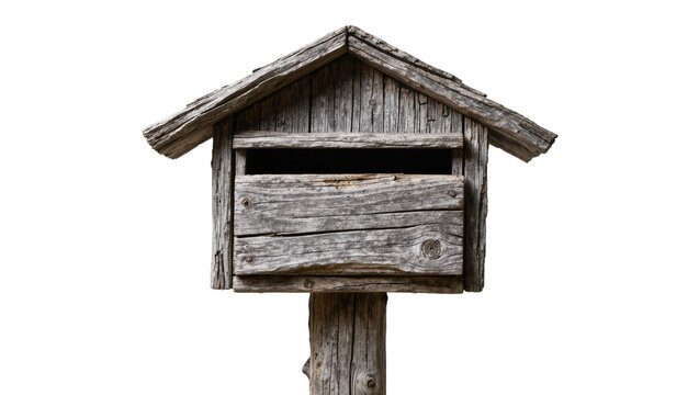 Rustic weathered wooden mailbox with a gabled roof on a post