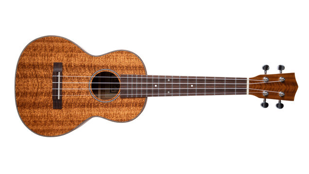 Polished koa wood soprano ukulele with four strings and dark fretboard