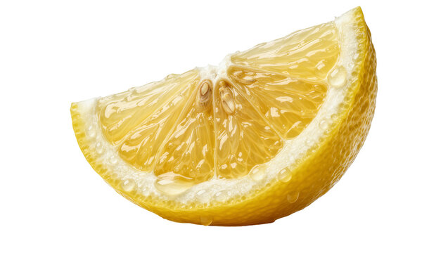 Fresh juicy yellow lemon wedge with water droplets