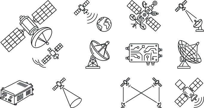 Satellite communication and space technology icon collection featuring orbital satellites, parabolic antennas, signal transmission, solar panels, ground stations, and global connectivity systems